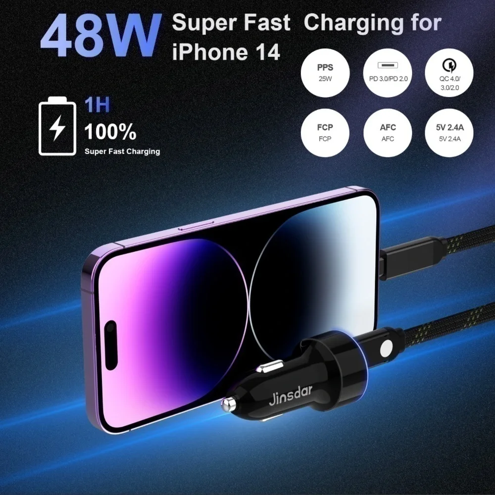 USB C Car Charger Fast Charging (48W Dual Port A & C)